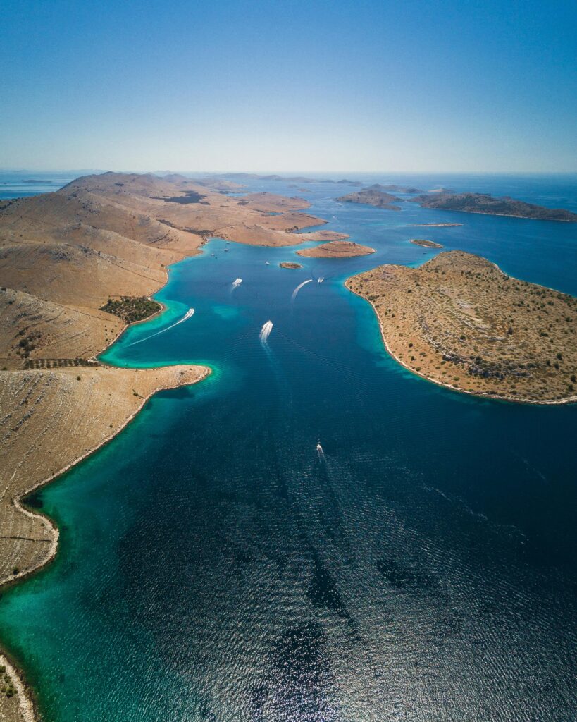 Stunning aerial view of Kornati Islands with turquoise sea in Šibenik-Knin County, Croatia.